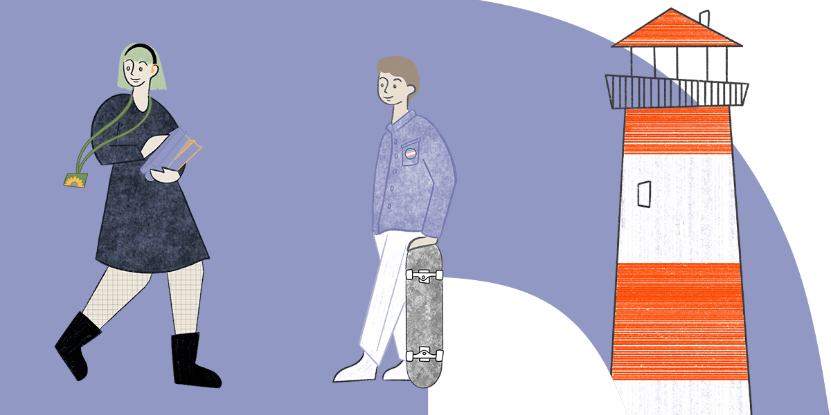 Illustrated people and a lighthouse inside the FXU logo