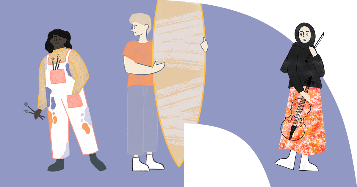 Illustrated people inside the FXU logo