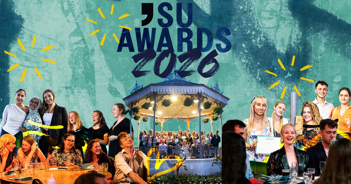 A colourful collage for 'SU Awards 2026' featuring a gazebo with groups of students celebrating, laughing, and holding certificates. Yellow doodles highlight the lively, joyful atmosphere.
