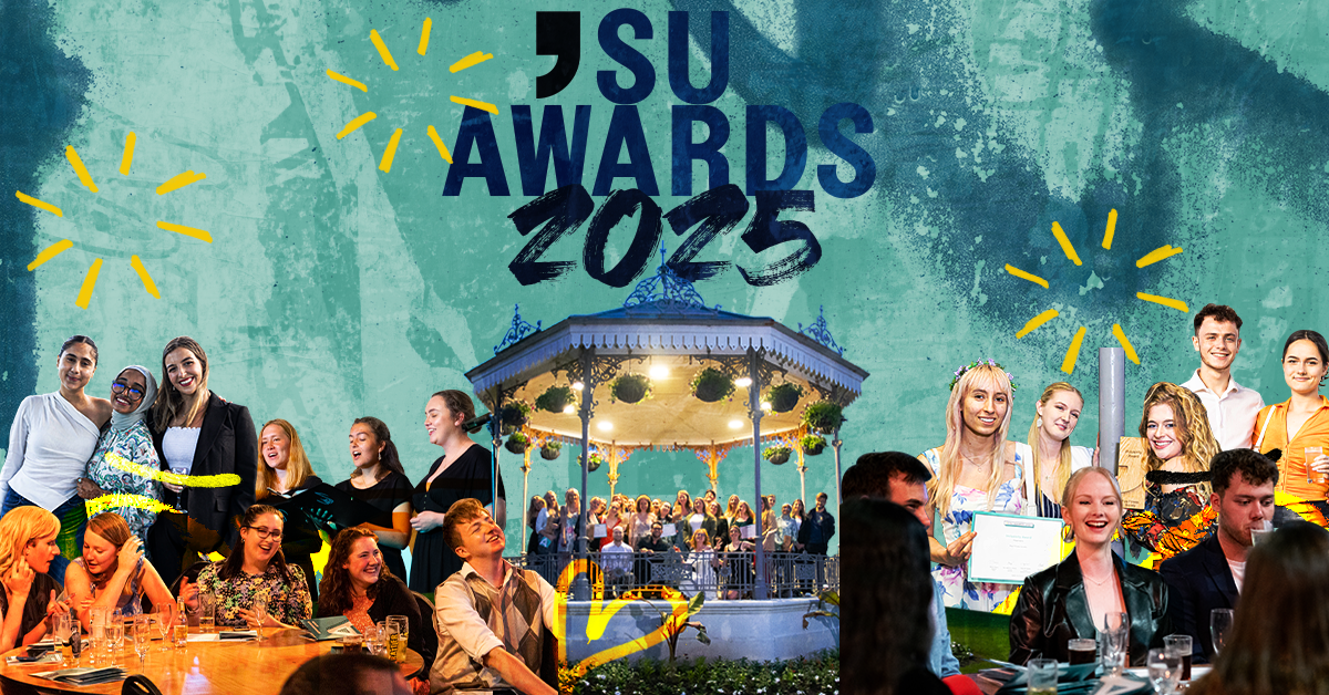 A colourful collage for 'SU Awards 2025' featuring a gazebo with groups of students celebrating, laughing, and holding certificates. Yellow doodles highlight the lively, joyful atmosphere.