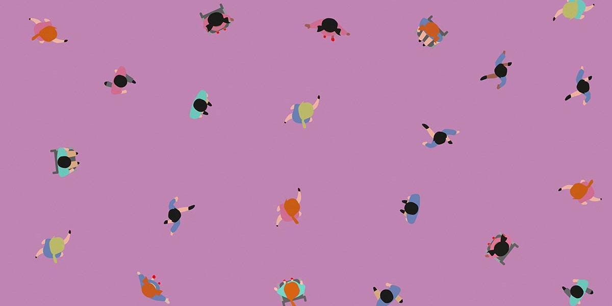 An illustration of lots of students walking around on a pink background