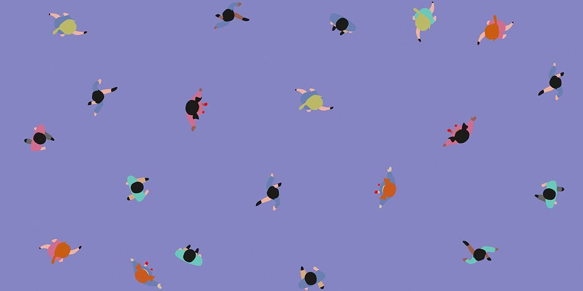 An illustration of lots of students walking around on a purple background
