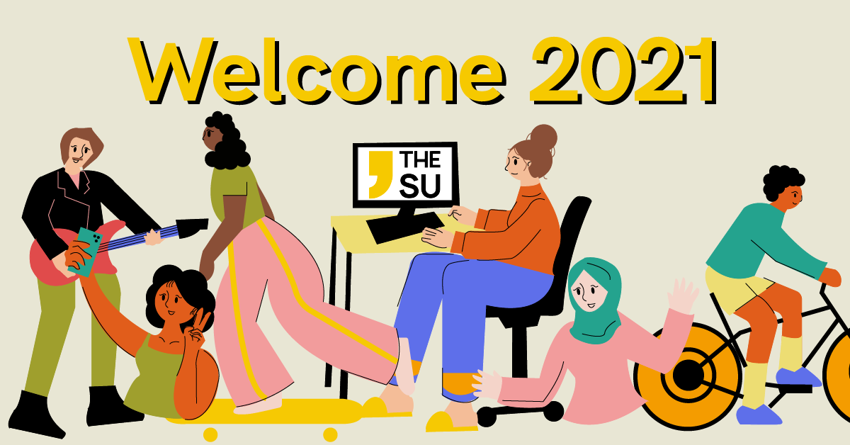 Welcome 2021 - Vector image illustration of student characters (e.g. skateboarders, cyclist, designer etc)