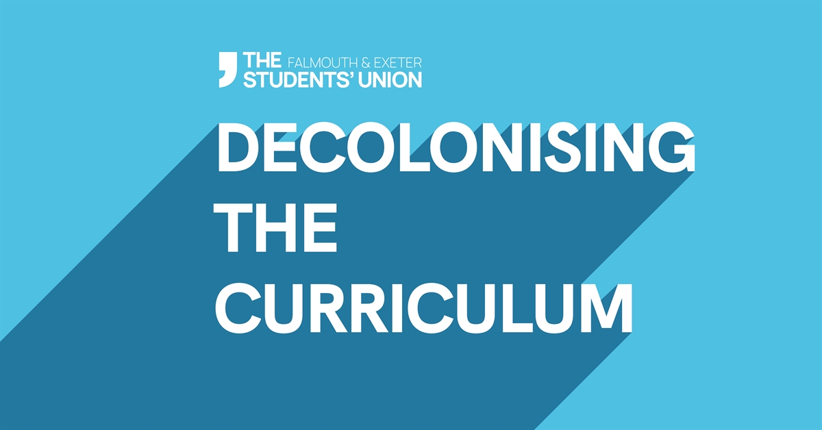 "Decolonising the Curriculum" in bold white text over a bright blue background.