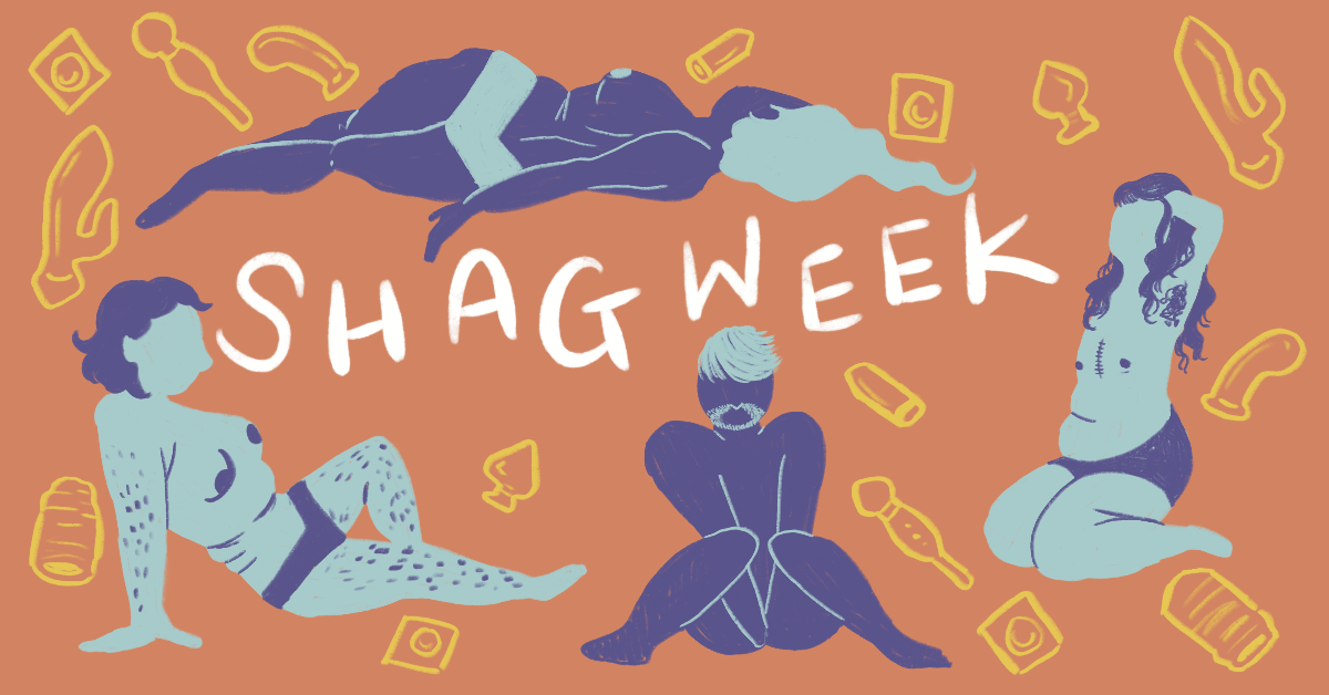 SHAG Week banner with diverse nude figures celebrating body positivity. Orange background with white text and sketches of condoms, lube, and sex toys, promoting sexual health and inclusivity.
