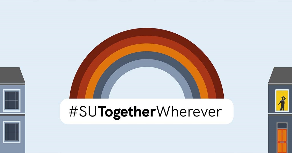 #SUTogetherForever with a graphical rainbow and houses