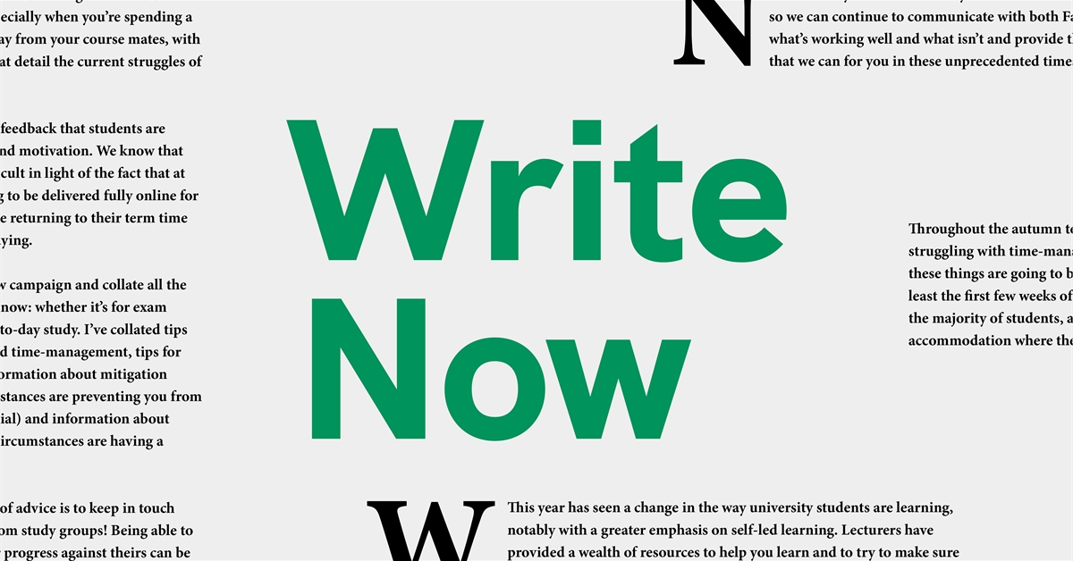 "Write Now" in bold green text, with sections of Cara's campaign rationale in the background in newspaper style.