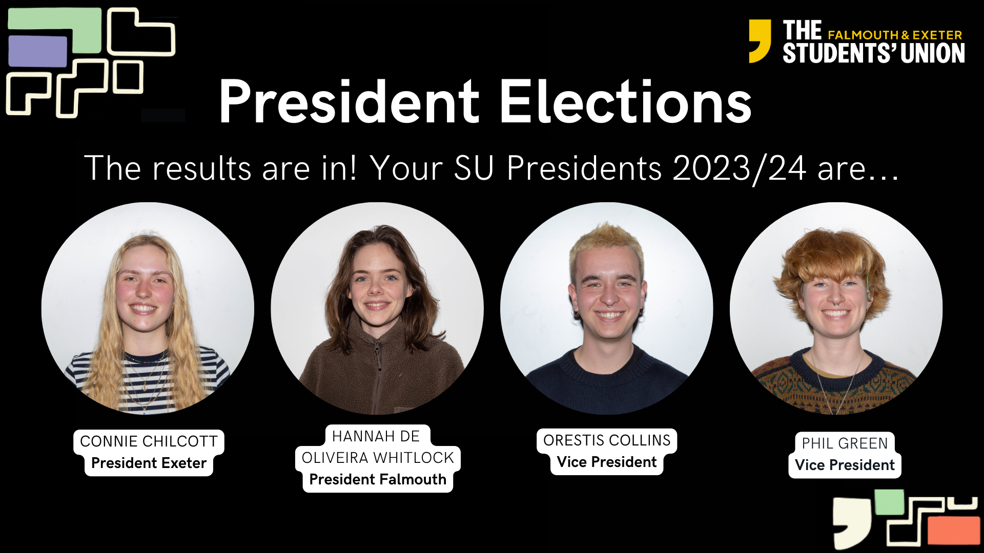 Your SU President team for 2023/24 is Connie Chilcott (President Exeter), Hannah De Oliveira Whitlock (President Falmouth), Orestis Collins (Vice President), Phil Green (Vice President). Congratulations to our elections winners and see you in June to start your new roles.